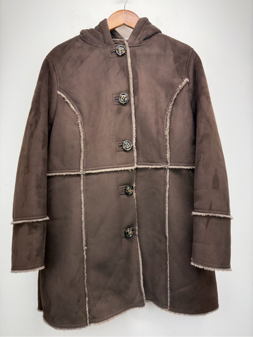 Coldwater Creek size Large/14 Women’s Brown Faux Suede Fur Trim Hooded Coat